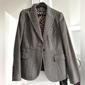 Dolce & Gabbana Gray Herringbone Wool Blazer with Leopard Lining